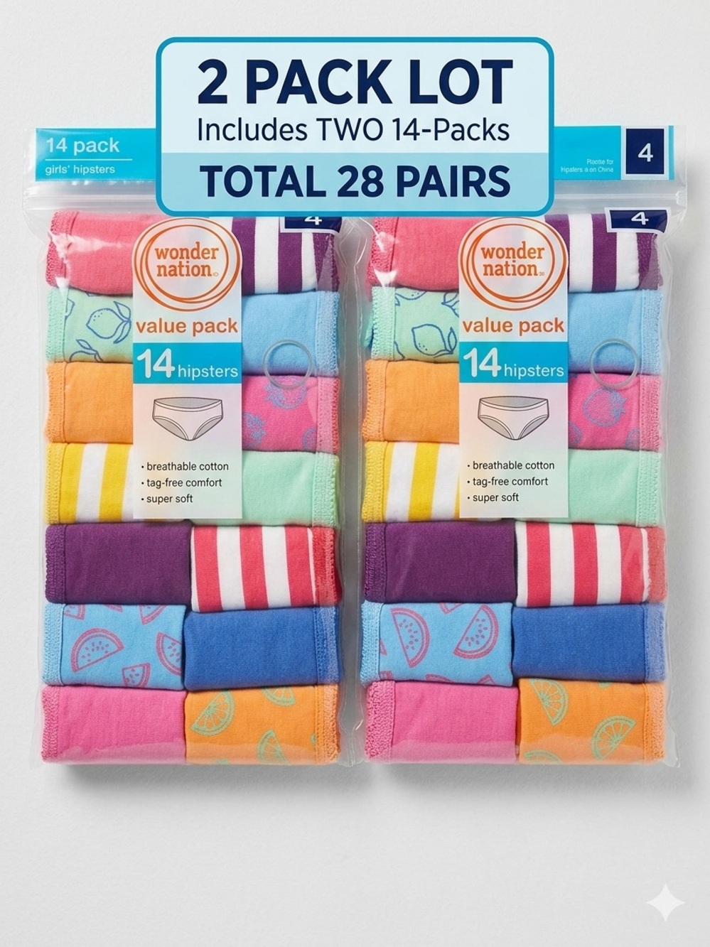 Wonder Nation Girls Hipster Underwear Cotton Tagless Breathable Size 4 ,28 Pack